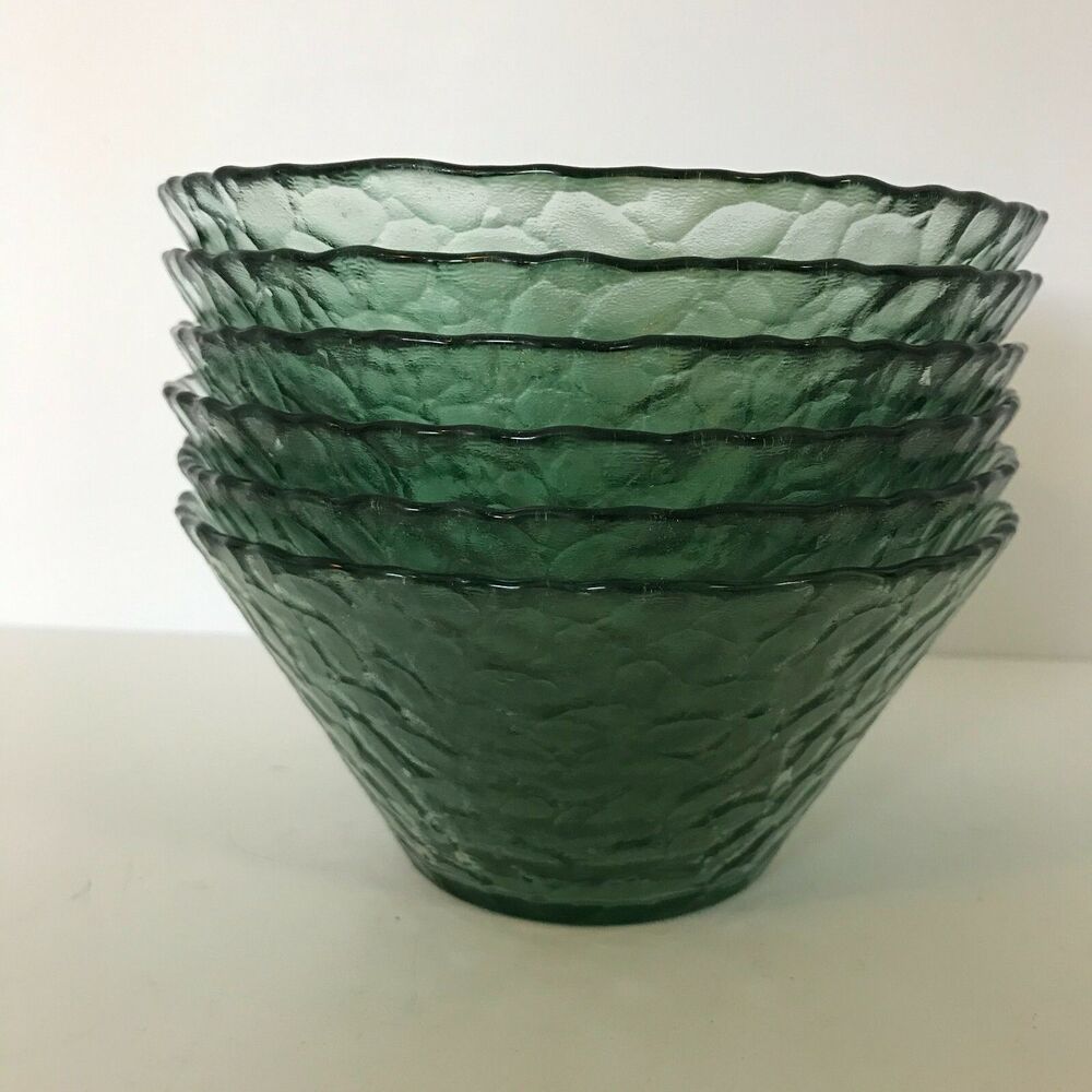 6 Green Glass Dessert Cereal Bowls Shiny Inside Matt Outside 5-1/2" Diameter